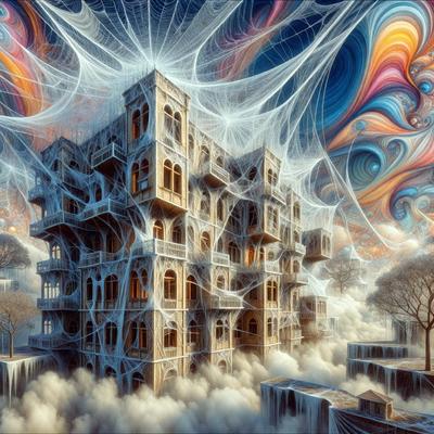 The primary subject of the image is a large, spooky building with a web-like structure. The building is made of stone and has a spider web-like design on its exterior. The setting is a cloudy sky, which adds to the eerie atmosphere of the scene. The visual style of the image is digital art, as it appears to be a computer-generated or digitally manipulated image. The dominant colors in the image are shades of gray, black, and white, creating a moody and mysterious m